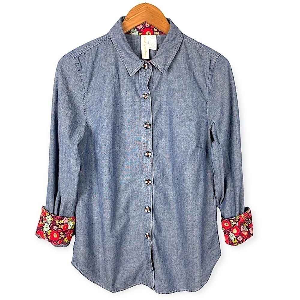 Matilda Jane Shirt Paint By Numbers Denim Button Down Size Small Floral Cotton
